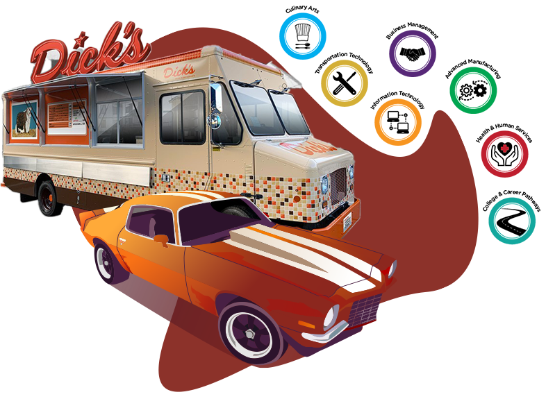 cars and food truck with RTC areas of study icons
